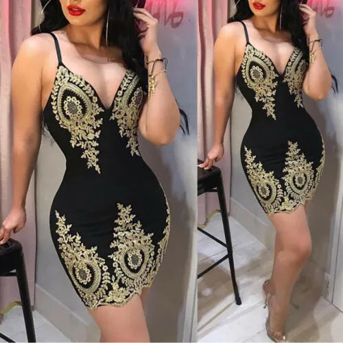 "V-Neck Embroidered Bodycon: Evening Elegance!"