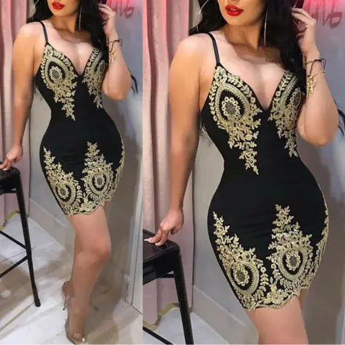 "V-Neck Embroidered Bodycon: Evening Elegance!"