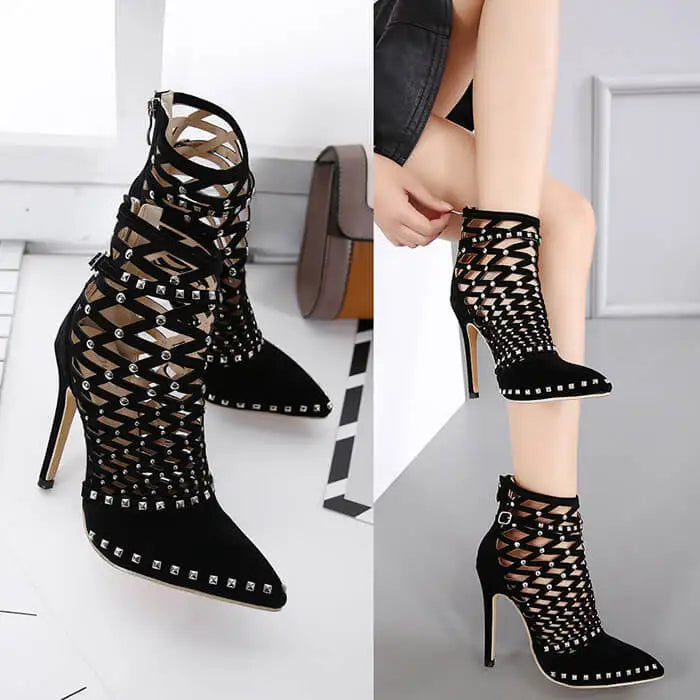 Black Suede Studded Short Boots Cut-out Cage Shoes Buckle Strap Sandal Booties Pointed Toe Dress Shoes Pumps