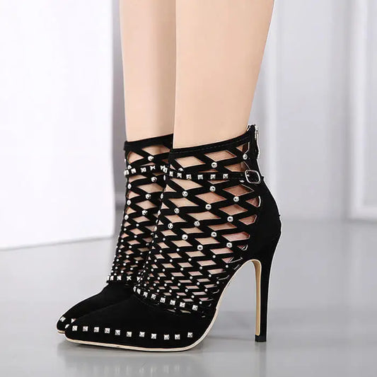 Black Suede Studded Short Boots Cut-out Cage Shoes Buckle Strap Sandal Booties Pointed Toe Dress Shoes Pumps