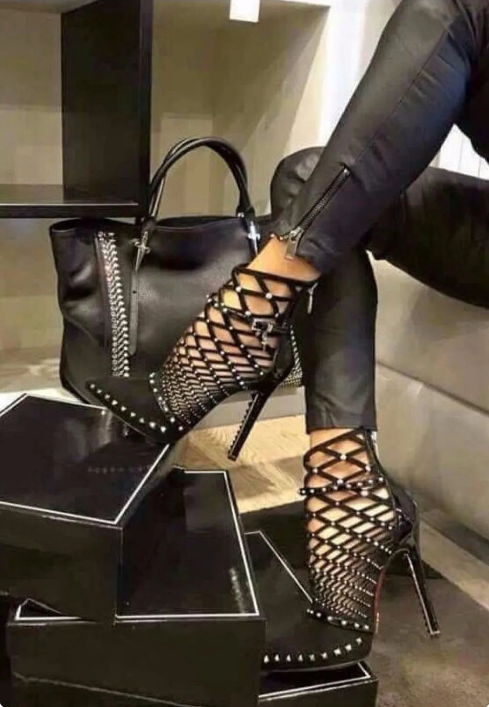 Black Suede Studded Short Boots Cut-out Cage Shoes Buckle Strap Sandal Booties Pointed Toe Dress Shoes Pumps