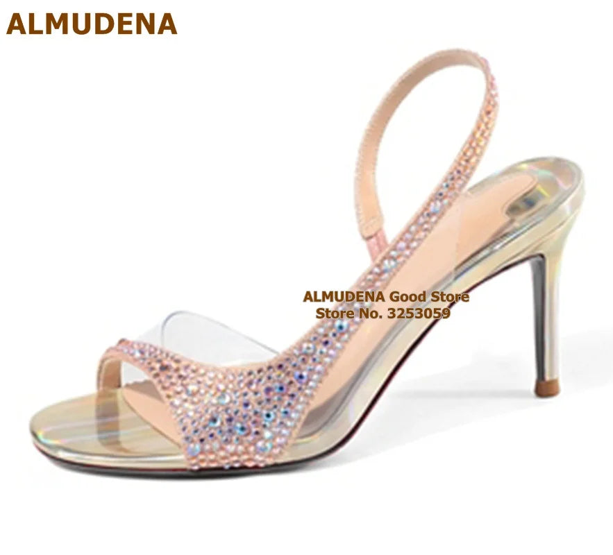 ALMUDENA Gold High Heels Bling Bling Crystal Wedding Shoes Transparent Clear PVC Patchwork Dress Pumps Slingback Women Sandals