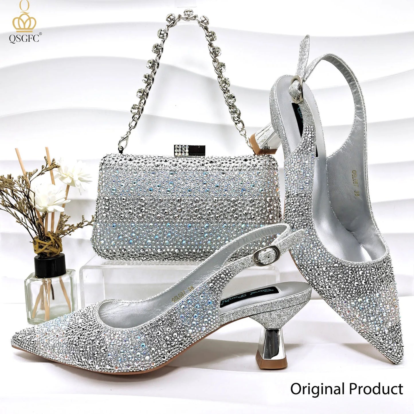 Design Shoes And Bag Set Decorated with Rhinestone Handbag Wedding Party