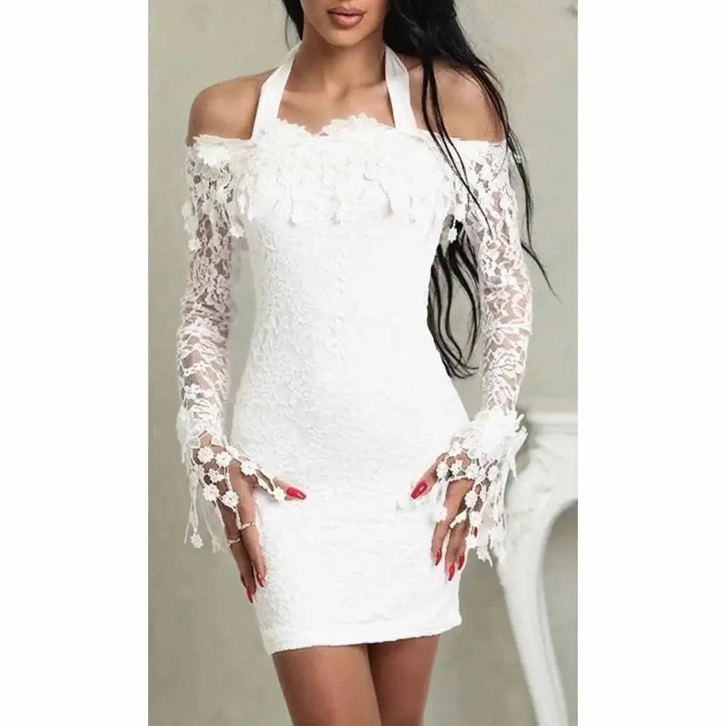 Elegance in lace: bodycon dress with bare shoulders