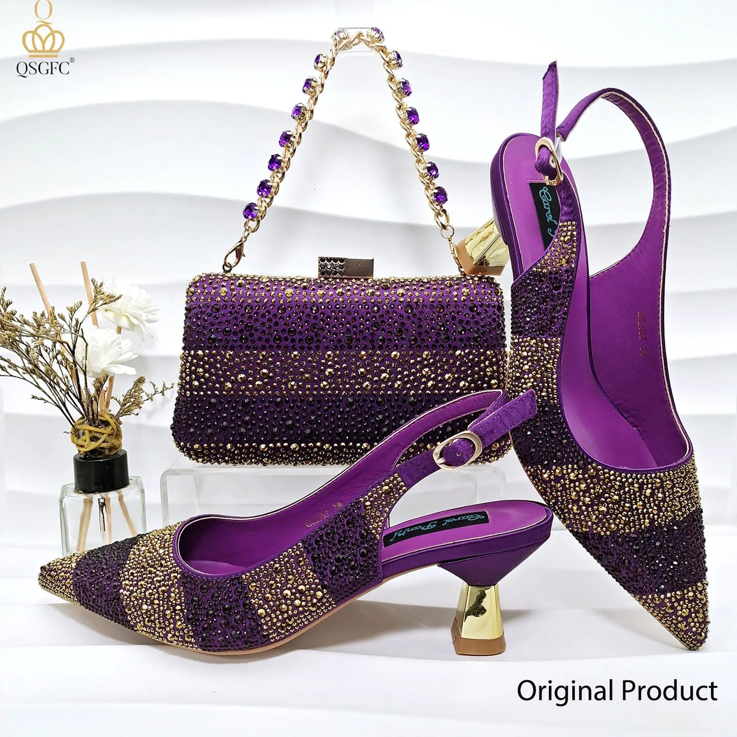 Design Shoes And Bag Set Decorated with Rhinestone Handbag Wedding Party