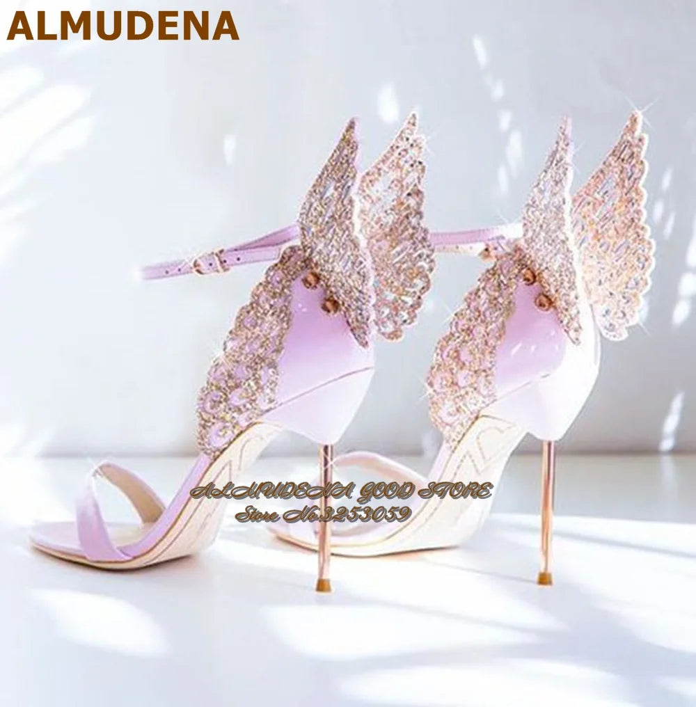 High-end Women Pink Butterfly Sandals Metal Stiletto Heel Metallic Cut-outs Pumps Bling Bling Crystal Celebrity Wedding Shoes