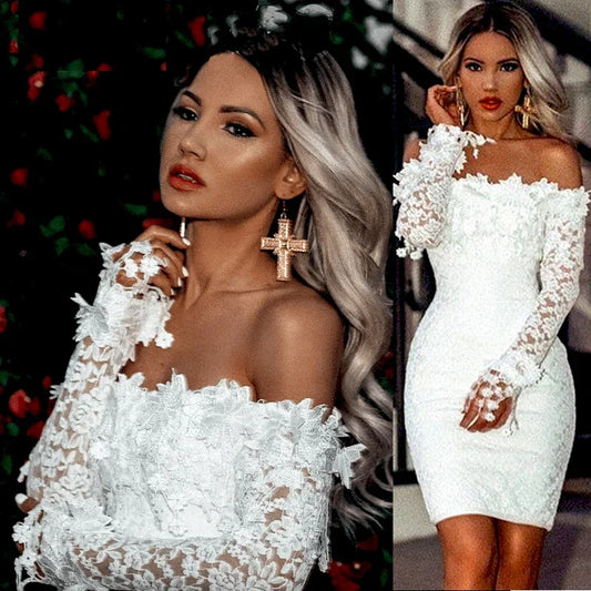 Elegance in lace: bodycon dress with bare shoulders