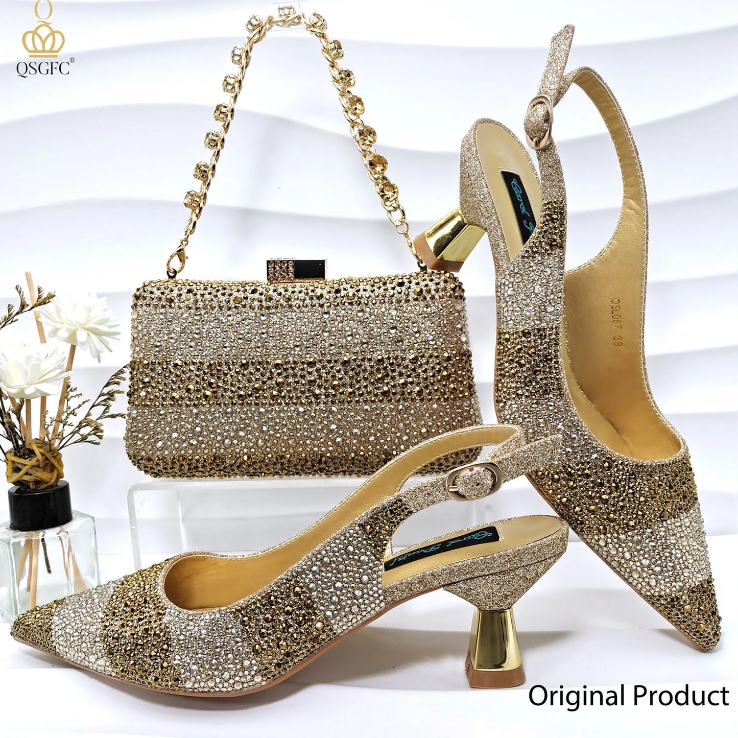 Design Shoes And Bag Set Decorated with Rhinestone Handbag Wedding Party