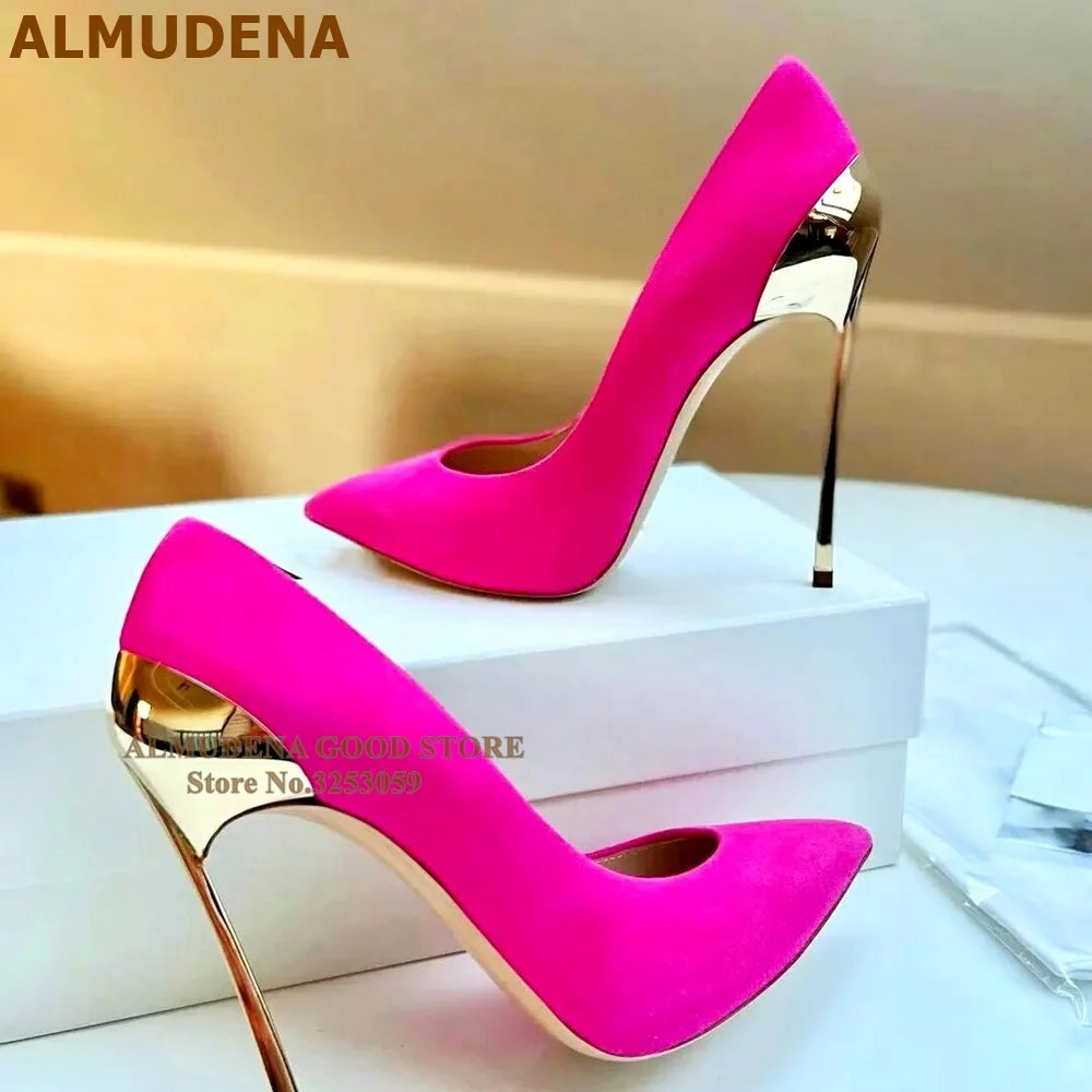 ALMUDENA Gold Silver Metal Blade Heel Pointed Toe Pumps Pink Blue Stiletto Shallow Wedding Shoes Slip-on Party Footwear