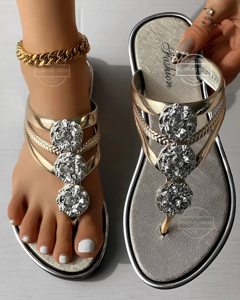 Effortless Glamour: Champagne Rhinestone Floral Flip Flops with Crystal Clip Toe