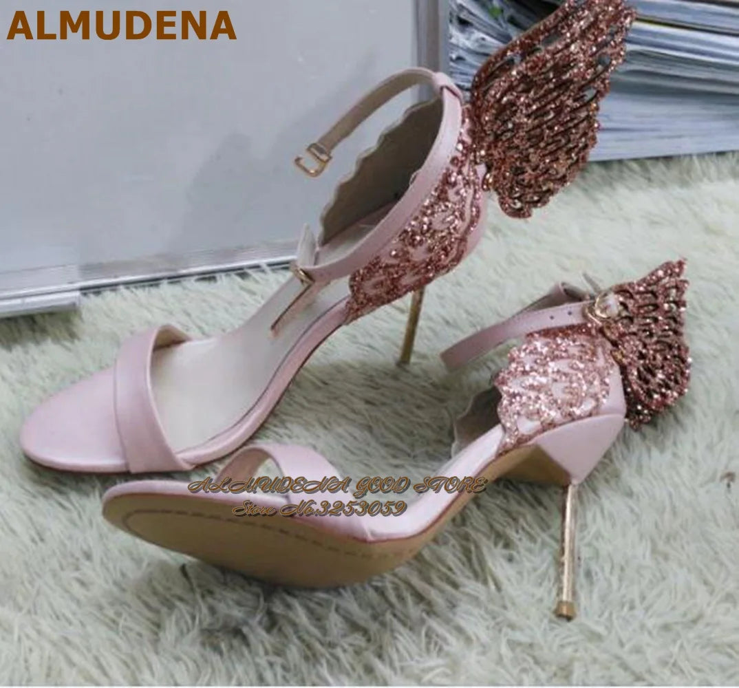 High-end Women Pink Butterfly Sandals Metal Stiletto Heel Metallic Cut-outs Pumps Bling Bling Crystal Celebrity Wedding Shoes