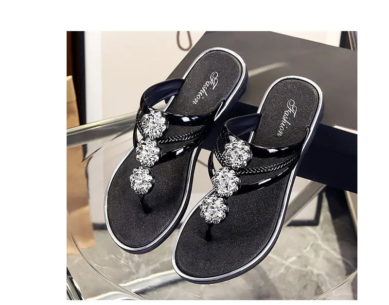 Glamorous Black Rhinestone Floral Pattern Flip Flops with Crystal Clip Toe!